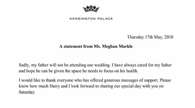 Kensington Sarayı doğruladı: "Meghan Markle'ın babası düğüne katılmayacak"