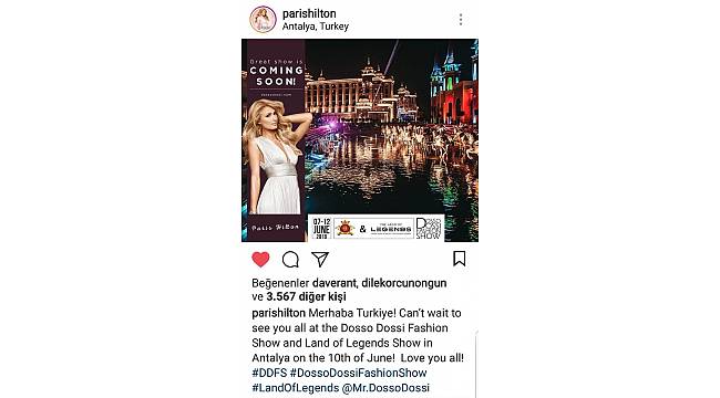 Paris Hilton&#39;dan mesaj var: &quot;Merhaba Türkiye, hepinizi seviyorum&quot;